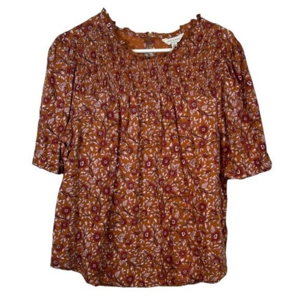 Lucky Brand Orange Pink Short Sleeve Pleated Blouse Size Large EUC #1600